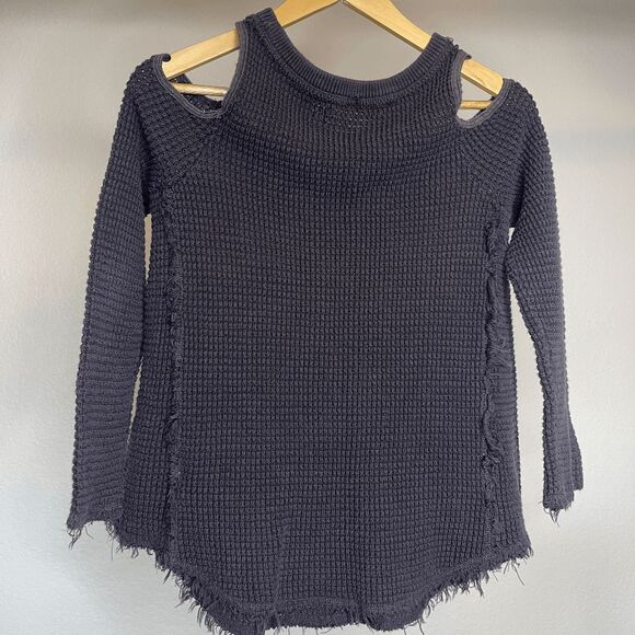 Free People Cold Shoulder Frayed Hem Waffle Knit Faded Black Sweater - Picture 7 of 7
